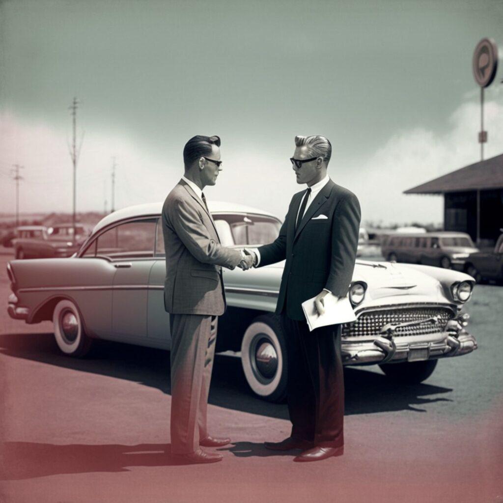 Zwei Männer in Anzügen schütteln sich die Hand vor einem klassischen Auto, symbolisieren den erfolgreichen Verkauf eines Gebrauchtwagens.