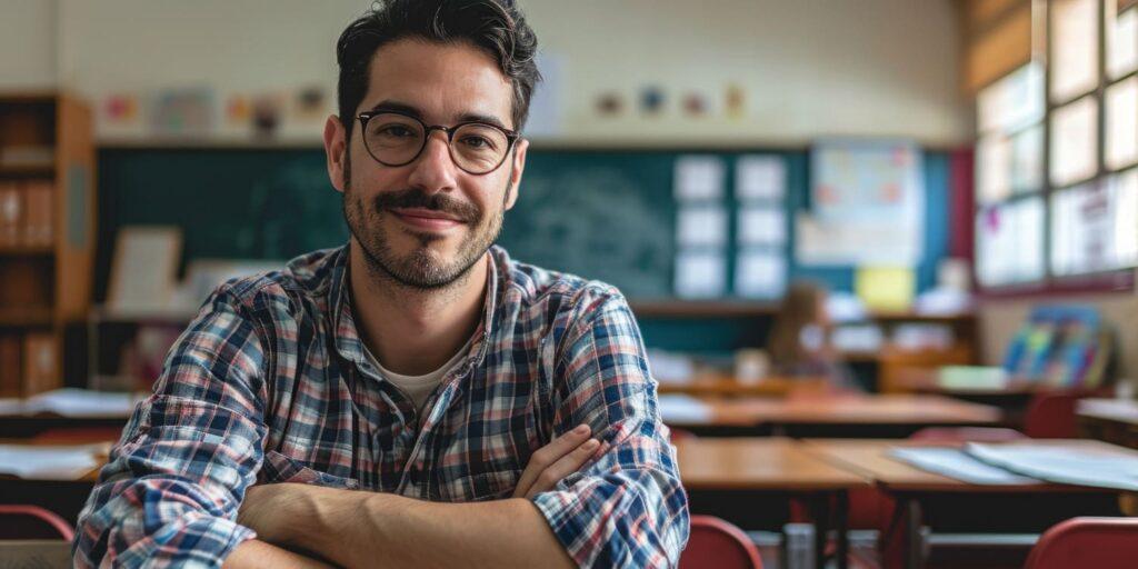 Männlicher Referendar mit Brille, lächelnd in einem Klassenzimmer sitzend, symbolisiert die Bedeutung einer adäquaten Krankenversicherung im Referendariat für eine sorgenfreie Lehrerlaufbahn.