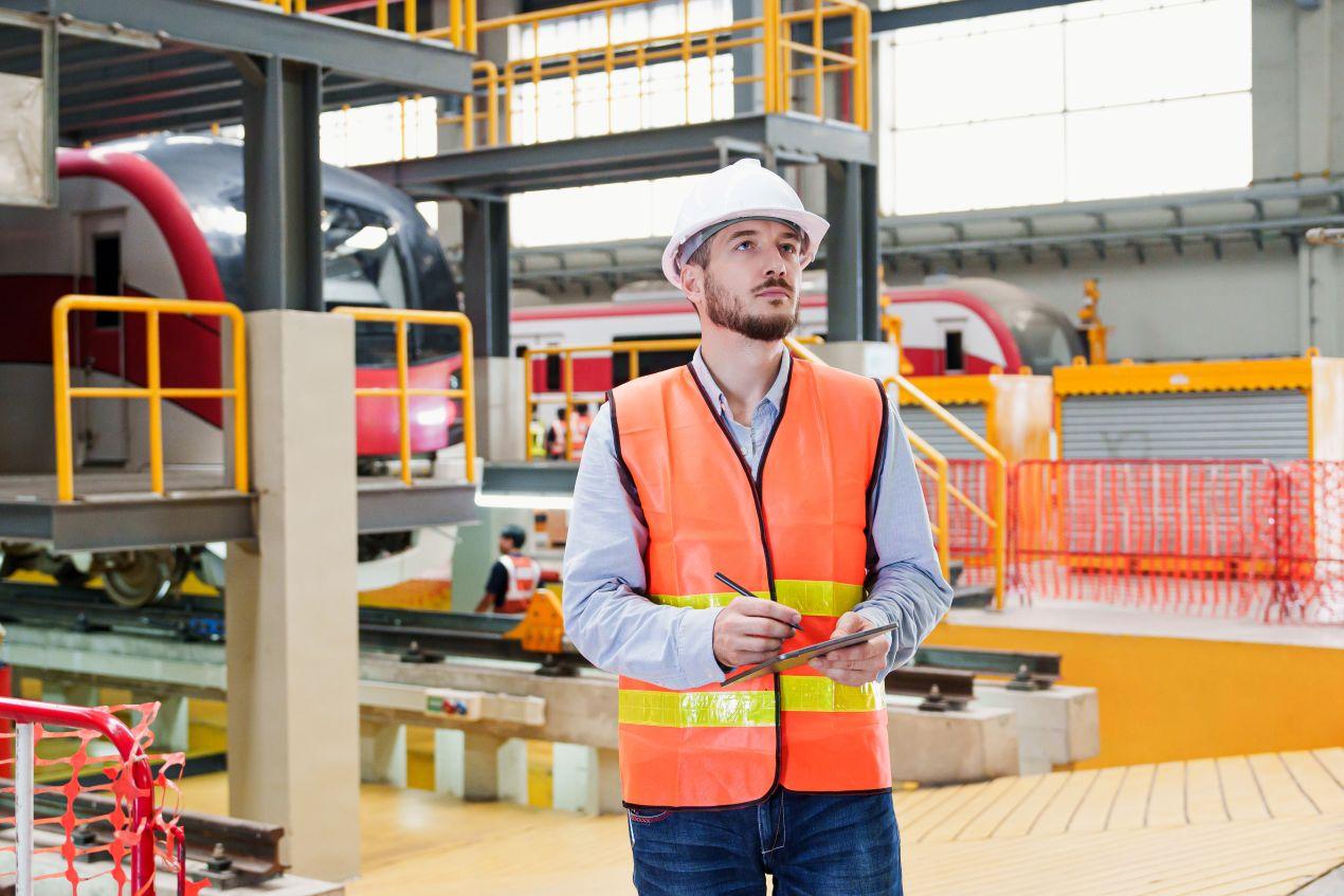 Ingenieur mit Tablet in Werkhalle – moderner Produktionsstandort im Wandel durch Logistikroboter und digitale Systeme