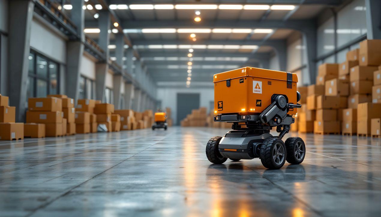 Logistikroboter in moderner Lagerhalle – automatisierter Materialfluss als Teil eines vernetzten Produktionssystems