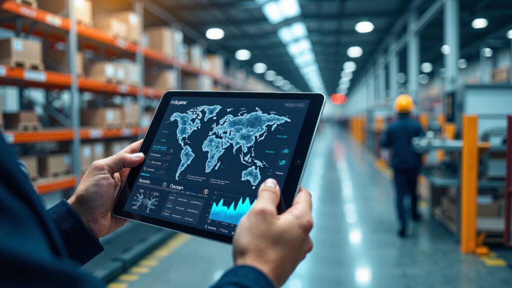 Tablet mit Weltkarte in Lagerumgebung – digitale Steuerung von Logistikprozessen durch Logistikroboter und smarte Systeme