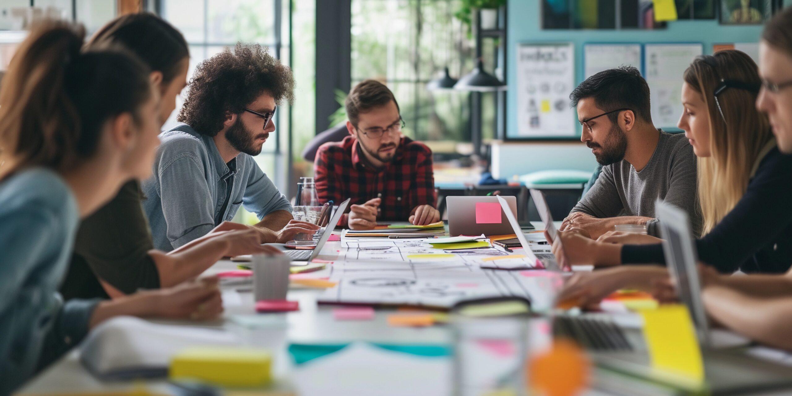 kreative Brainstorming-Sitzung in einer Content-Marketing-Agentur, diverses Team, das rund um einen Tisch mit Notizen, digitalen Geräten und Mind Maps zusammenarbeitet