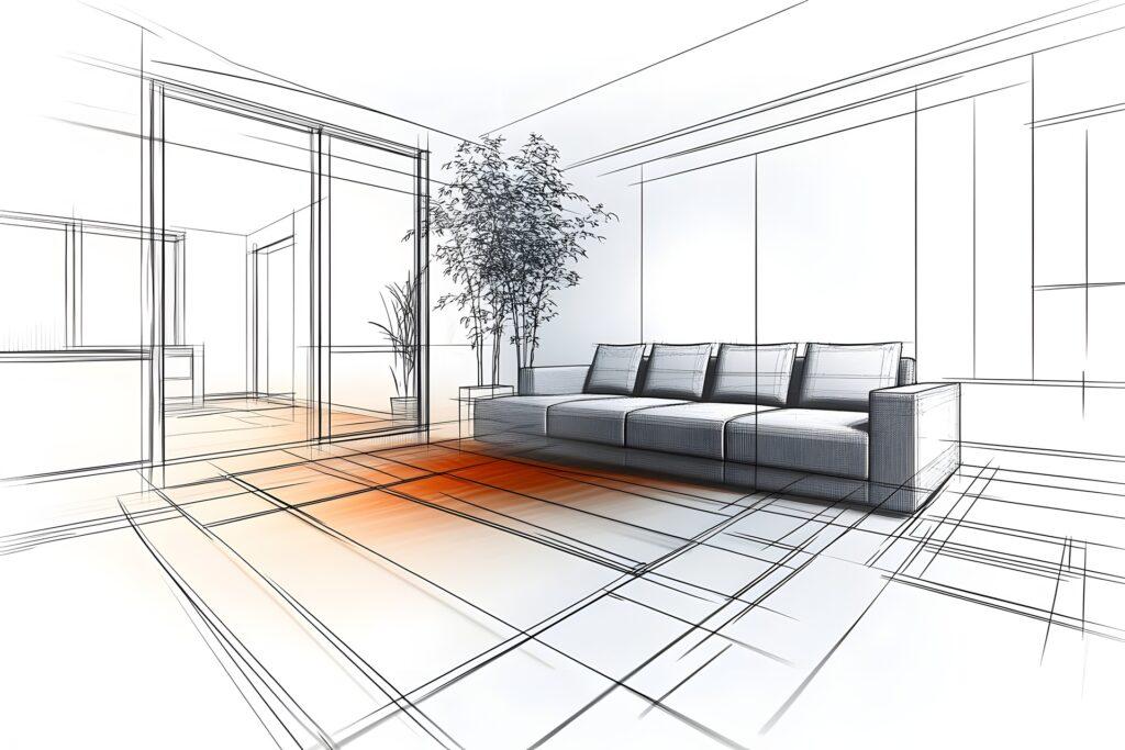 Skizze eines modernen Wohnzimmers mit Sofa | Duschrückwand