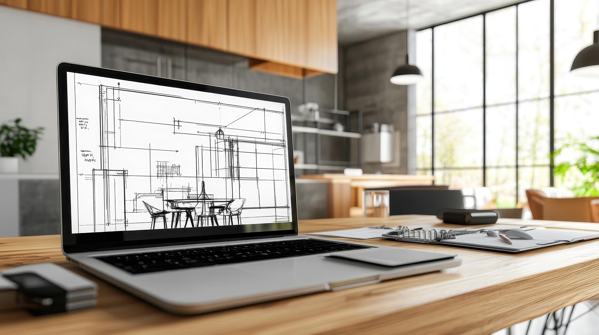Raumskizze auf Laptop in moderner Arbeitsumgebung | Duschrückwand

