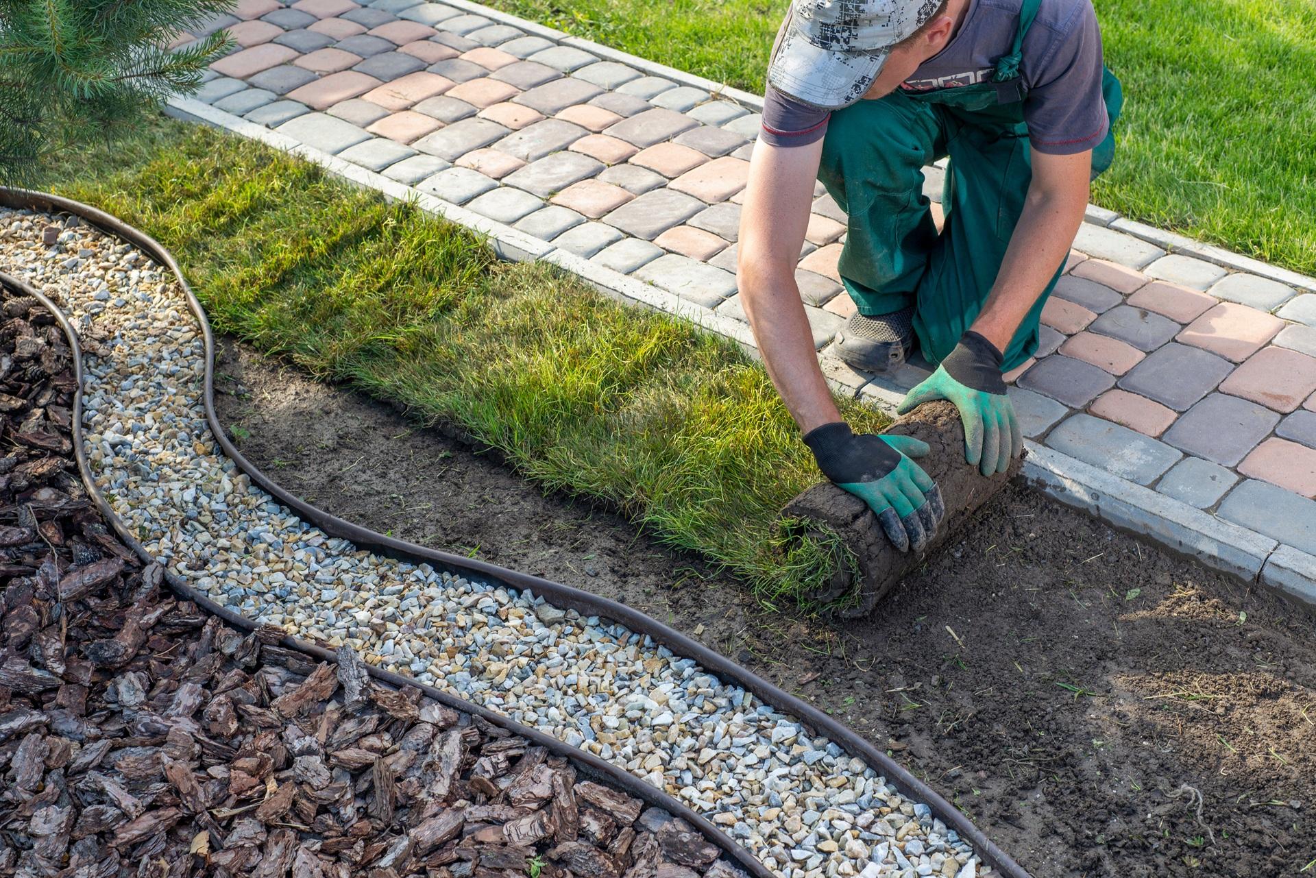 Gärtner verlegt frischen Rollrasen im Garten | Gartenbau Mannheim