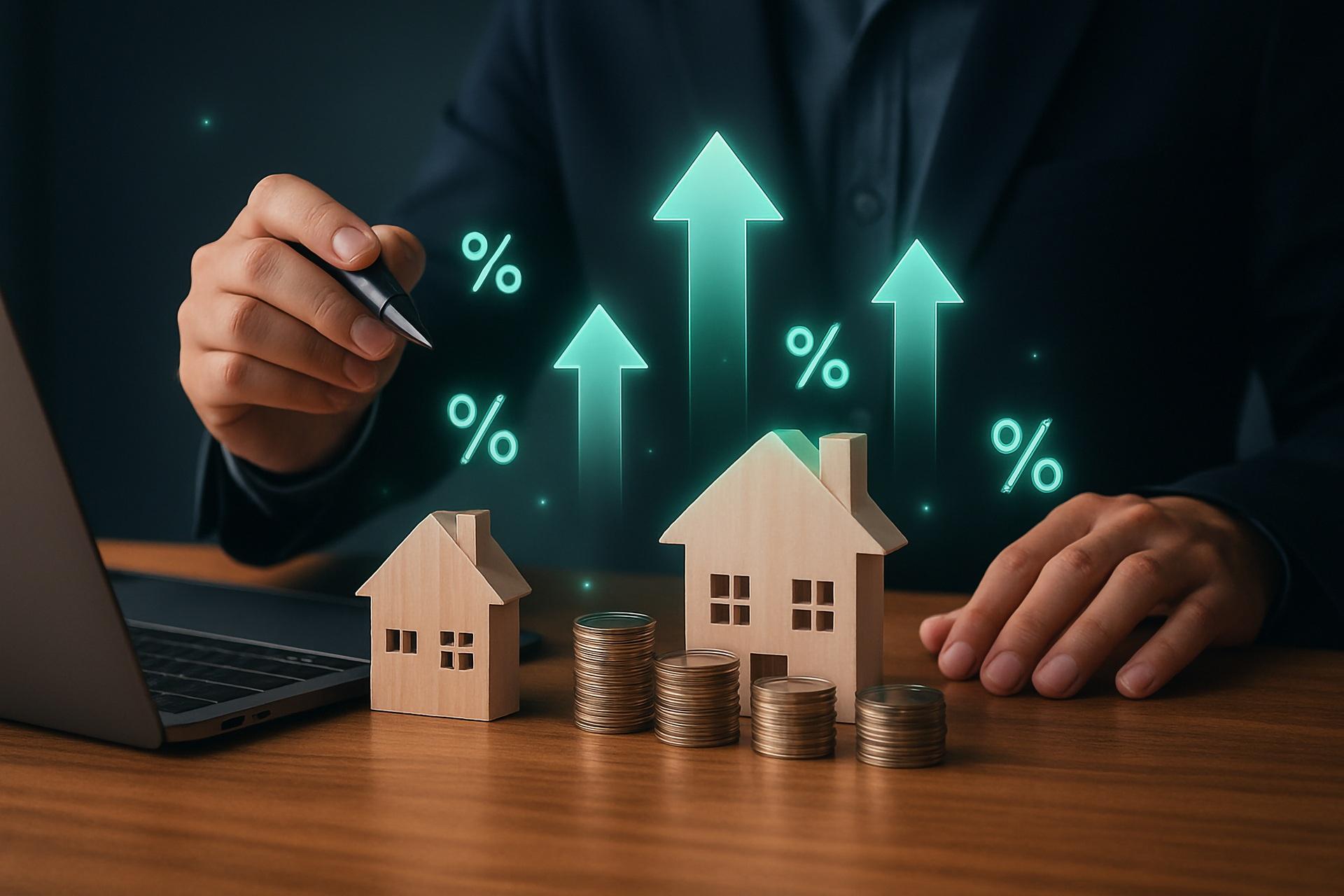Symbolische Darstellung steigender Immobilienwerte mit Münzen und Häusern | GFK Pool