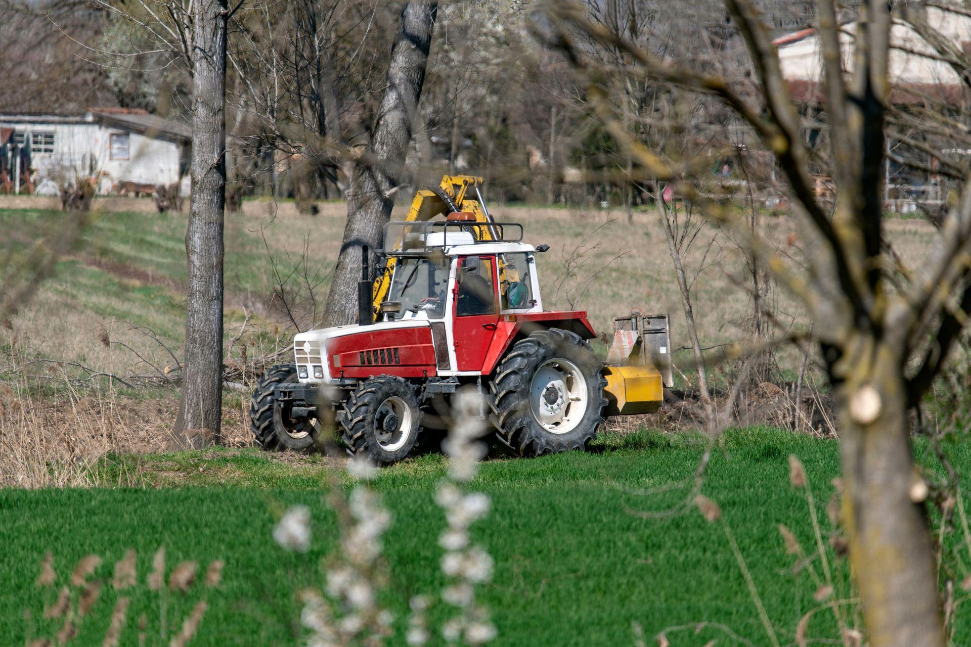 Traktor mit angebautem Mulchgeraet arbeitet auf einer Gruenflaeche am Waldrand in laendlicher Umgebung